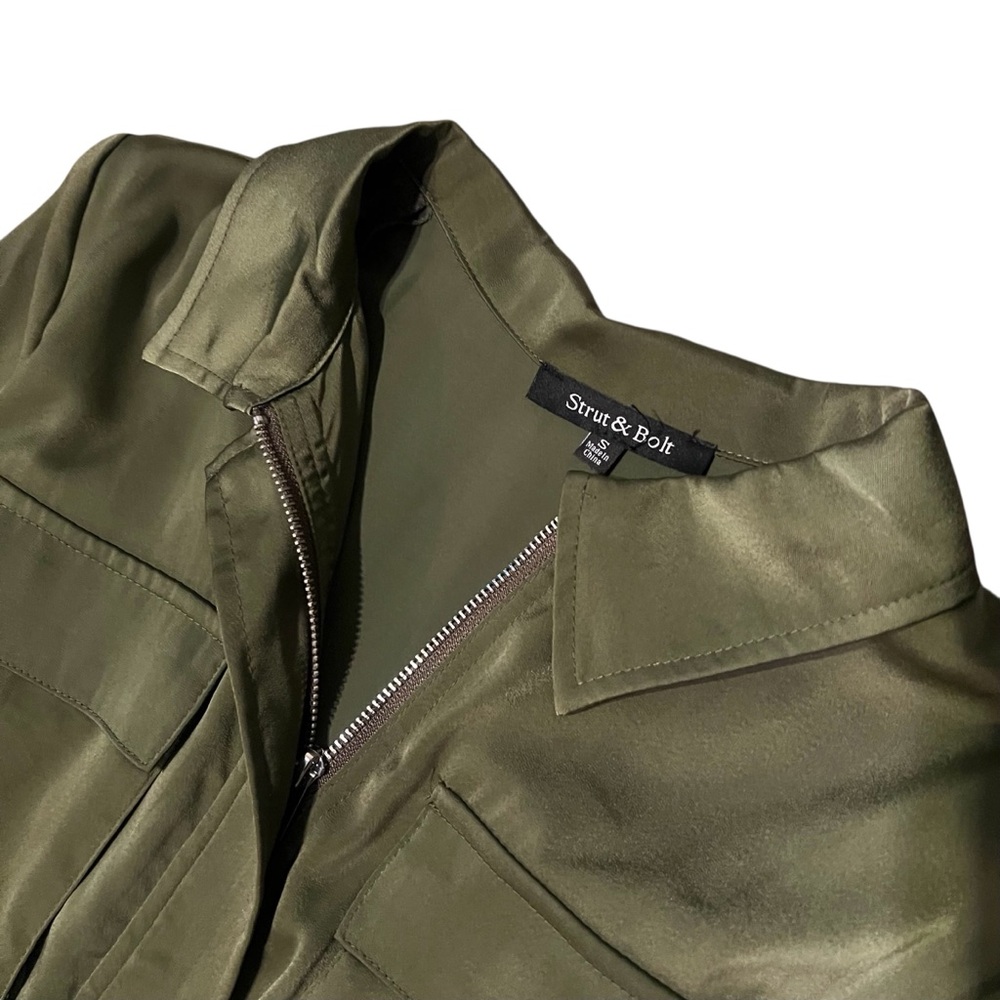 Olive Green Satin Long Sleeve Zip Tie Dress Size Small - Picture 6 of 8